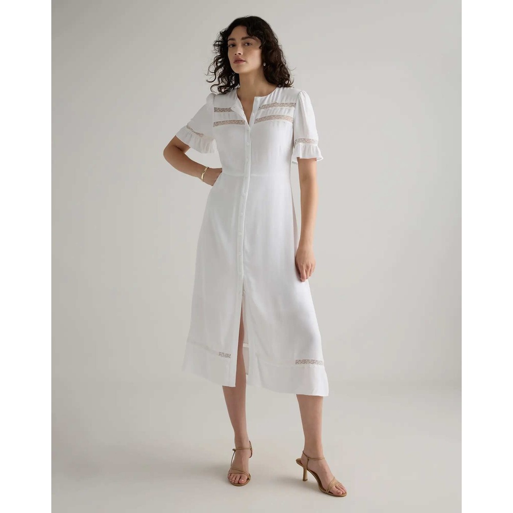 Quince Organic Crepe Lace Insert Midi Dress Ivory White XL NWT